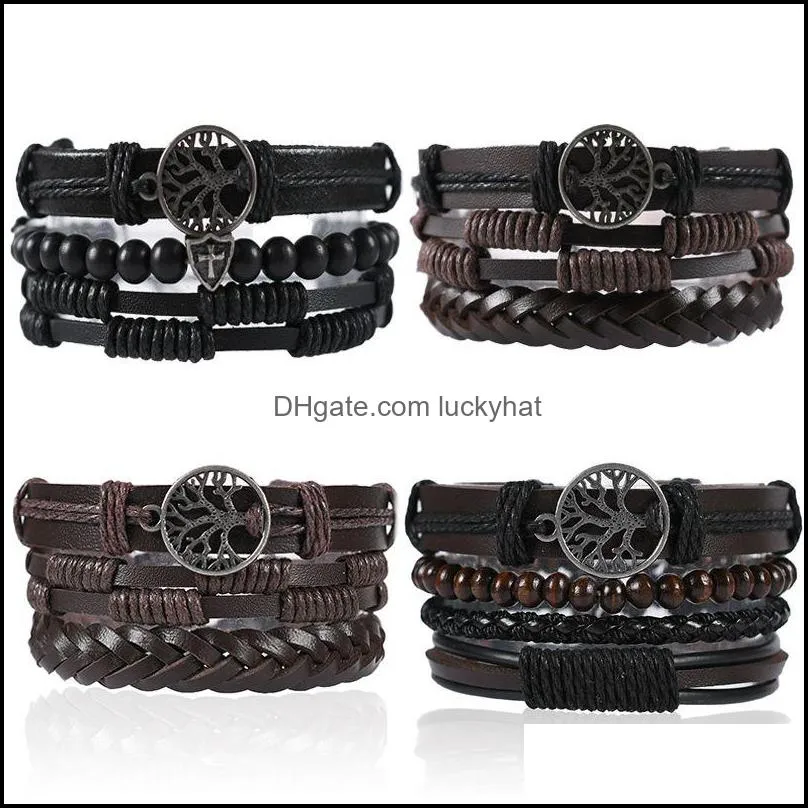 vintage leaf feather multilayer wood leather bracelet men fashion braided handmade star rope wrap bangles 4 pcs/set