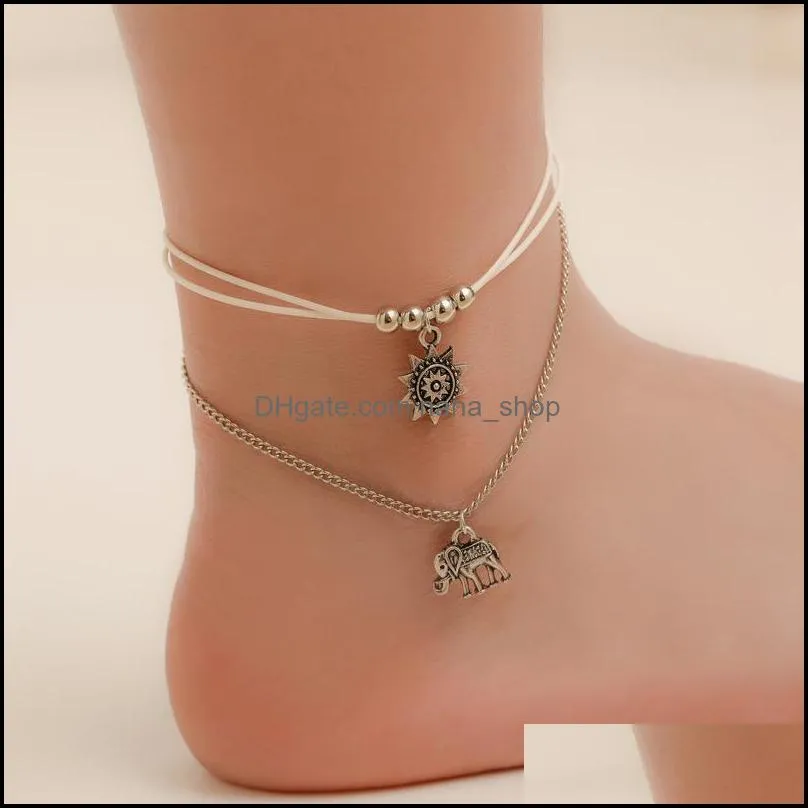 fashion personality retro female models layered sun flower elephant pendant rope chain foot anklet nanashop