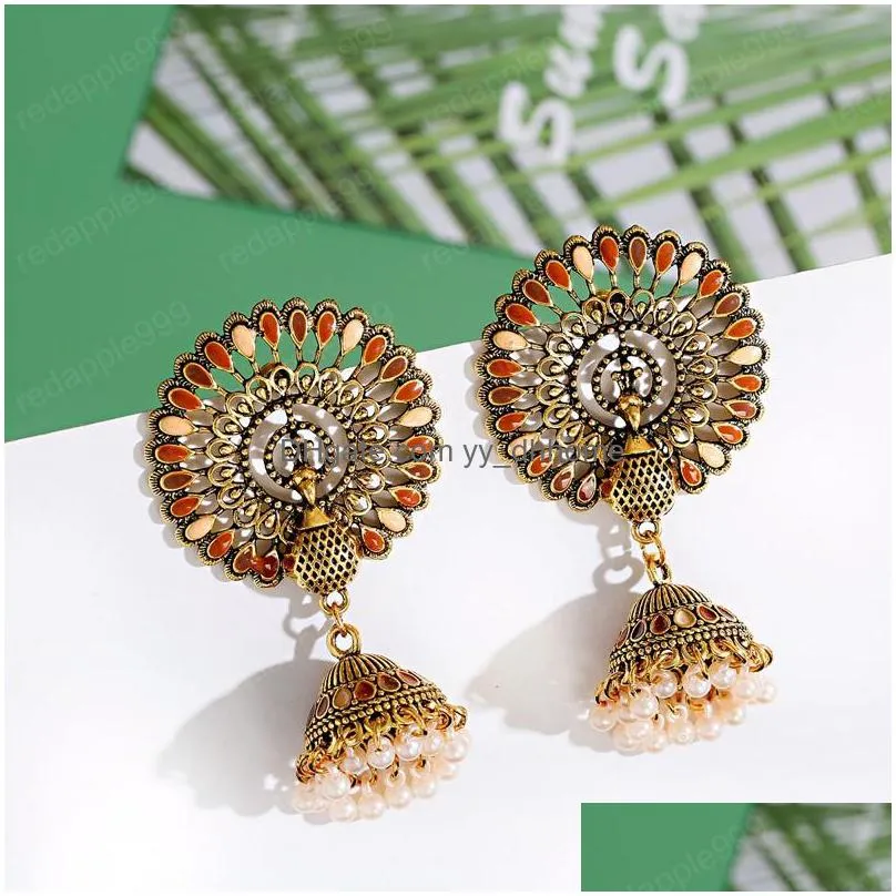 ethnic big round peacock indian antique jhumka dangle earring women vintage bohemian retro pearl tassel bell tibetan earrings