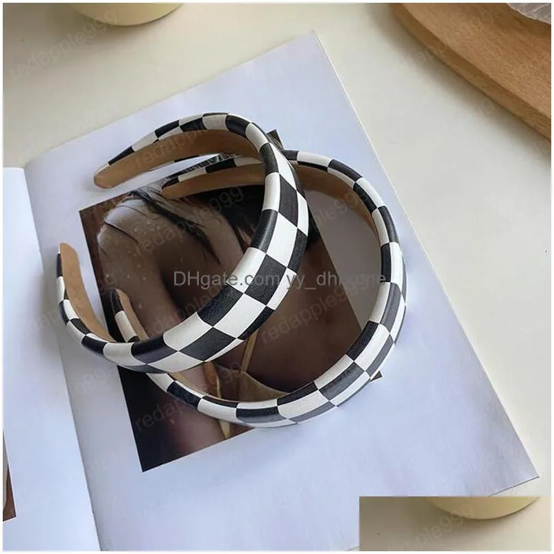 fashion women headband 3/4cm wide side mosaic black white plaidwork hairband casual classic hair accessories