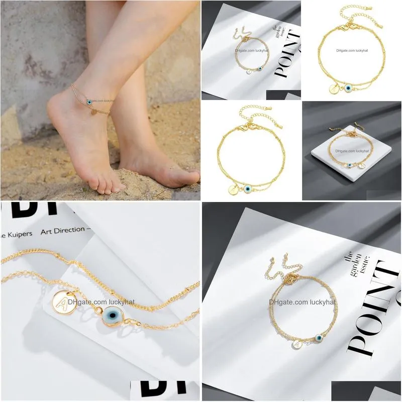 fashion jewelry gold plated evil eye anklet for women double layer chain letter a blue eyes anklets bracelet