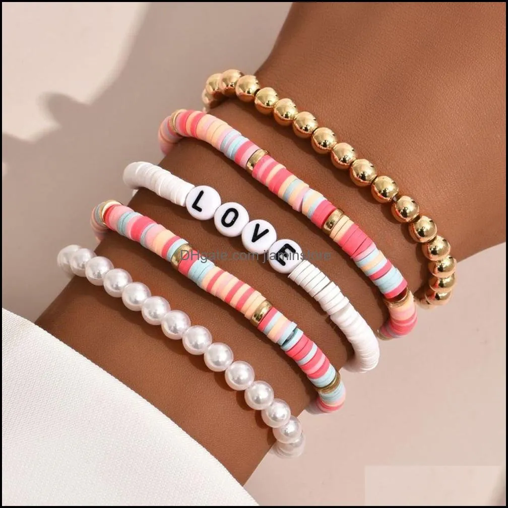 bohemian multicolor pearl soft pottery beaded strands set for women fashion colorful beach bracelets couples jewelry gift 5pcs/set