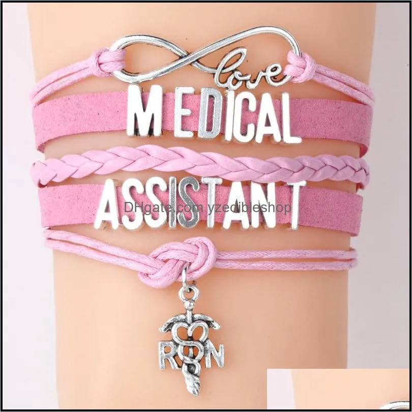 2019 medical assistant nurse bracelets rn letter charm braided leather rope wrap bangle for women fashion jewelry nurses day gift