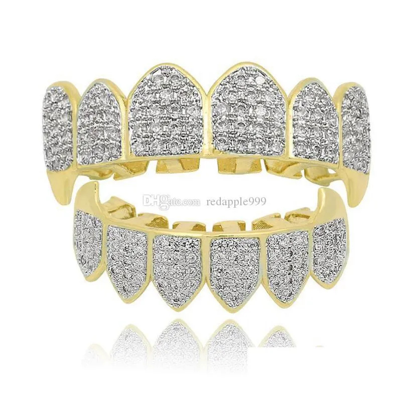 hip hop iced out cz mouth teeth grillz caps top bottom grill set men women vampire grills jewelry gifts