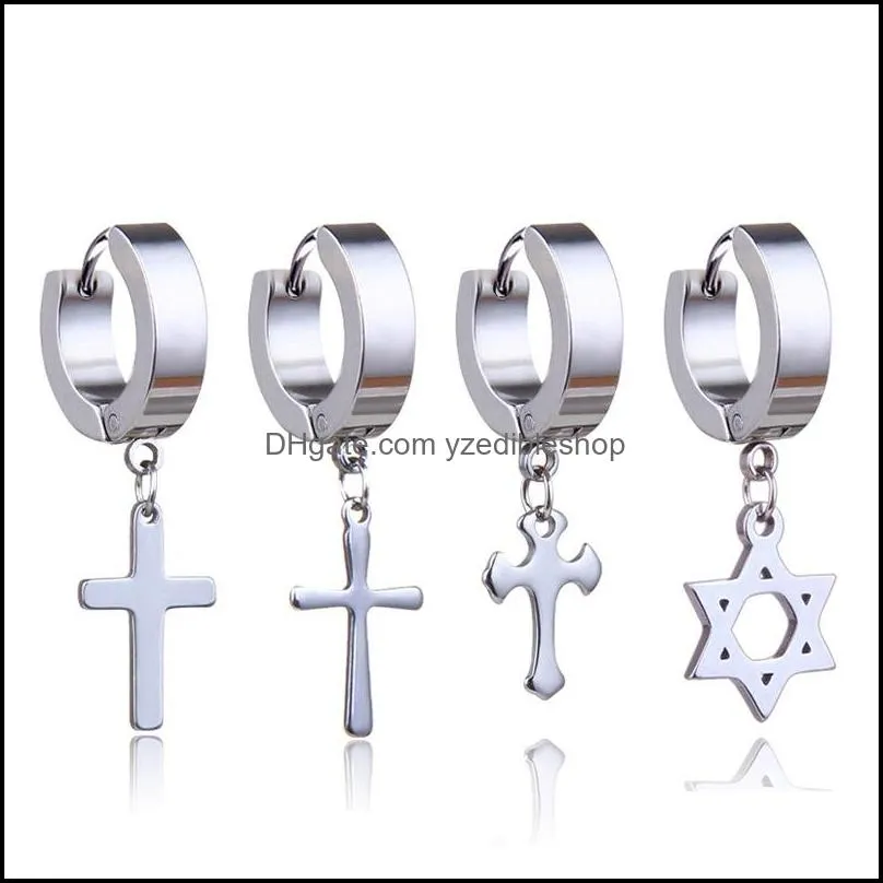 titanium steel cross star drop fake piercing punk earrings men hypoallergenic nonpiercing clip on hoop ear rings for women fashion
