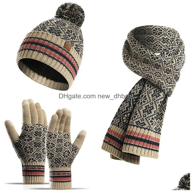 autumn winter women knitted hat warm beanie caps scarf gloves 3pcs/set