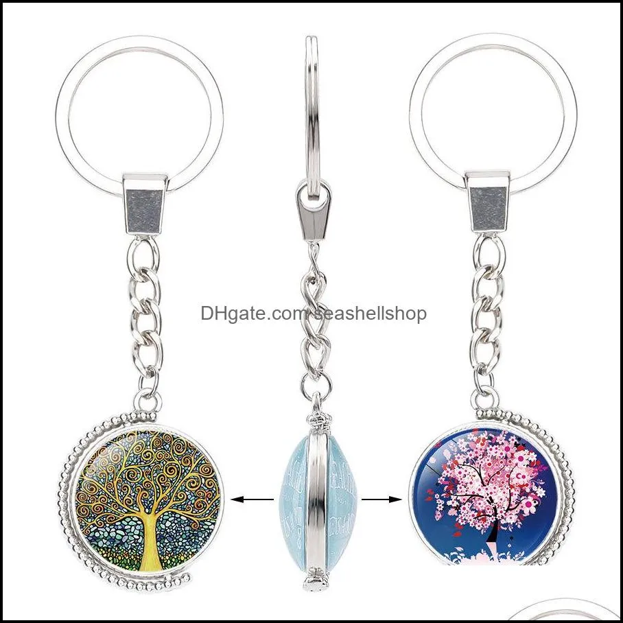 tree of life double sided keychains rotable glass cabochon time gemstone key chain silver metal key rings jewelry accessories in bulk