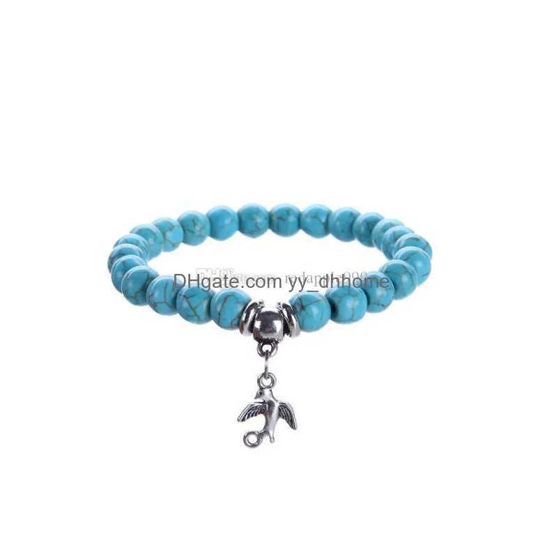 turquoise owl charm bracelet life wisdom tree cross elephant pendant stone power beads handmade stretch bracelet for man and woman