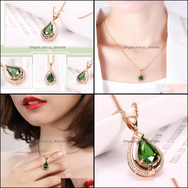 green crystal water drop stone pendant necklace for women rose gold pear cz zircon necklaces wedding choker necklace yydhhome