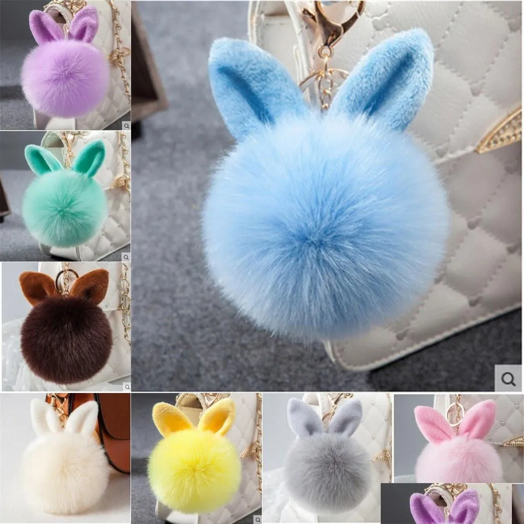  fur pom pom keychains lovely rabbit fur ball key chain backpack bag charms bunny keychain keyring for girls women gifts