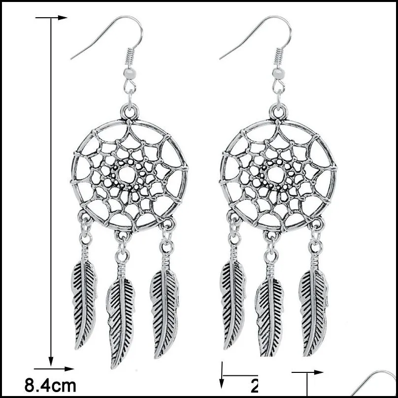 dreamcatcher feather leaf dangle earring for women silver plating long hook earring trendy jewelry wholesale