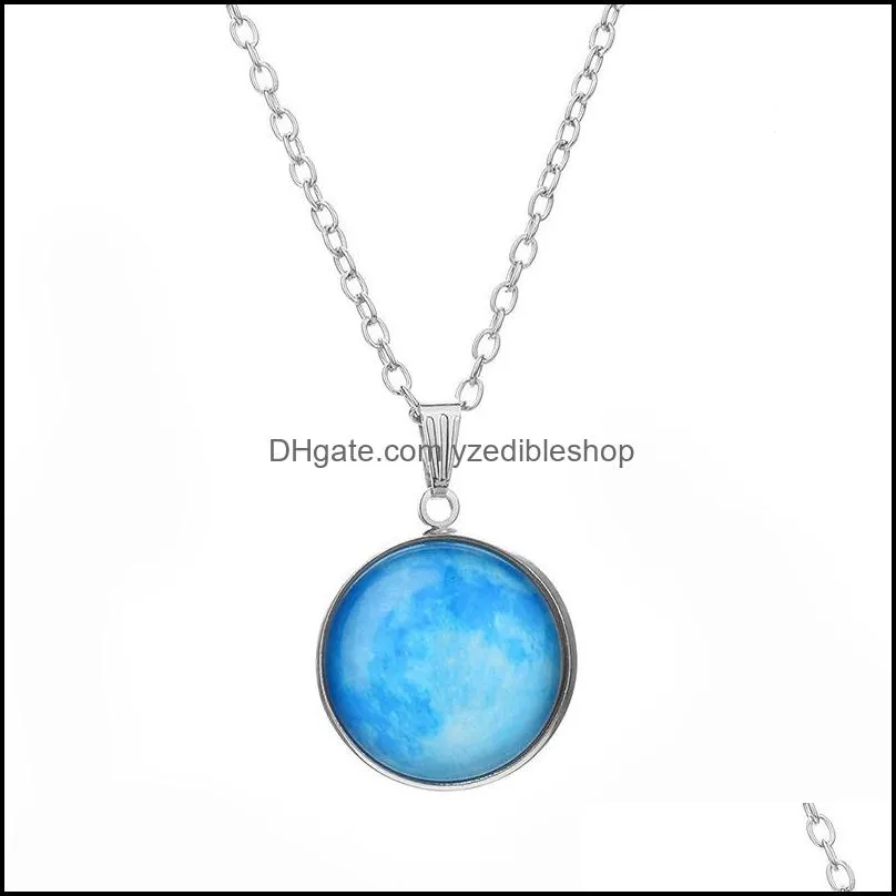 luminous galaxy universe nebula necklaces glow in the dark cabochon glass star moon pendant silver chain for women men fashion jewelry