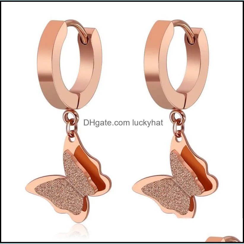 stainless steel rose gold butterfly hoop earrings for women fashion earrings jewelry double matte huggie pendants gift 1 pair