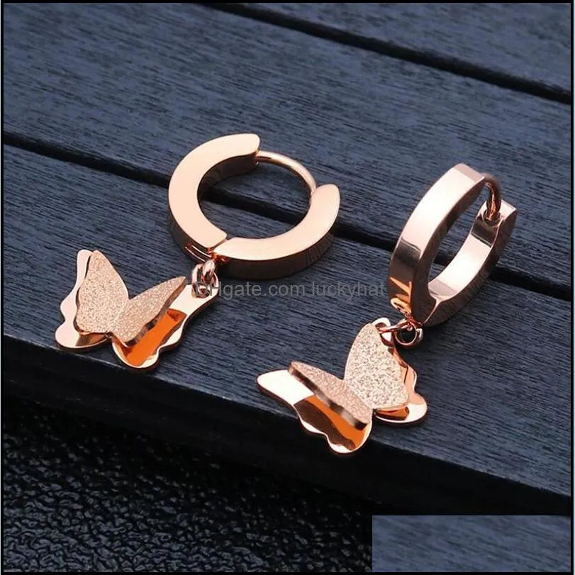 stainless steel rose gold butterfly hoop earrings for women fashion earrings jewelry double matte huggie pendants gift 1 pair