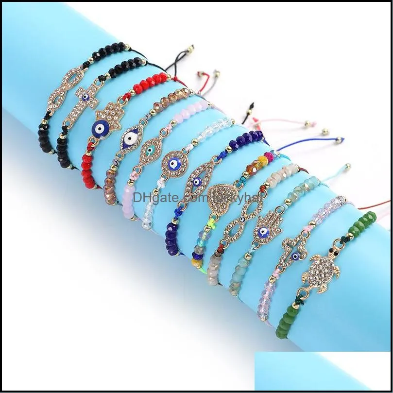 12pcs/set blue evil eye bracelets for women crystal tree hand cross heart turtle charm beads rope string chain adjustable bangle fashion jewelry
