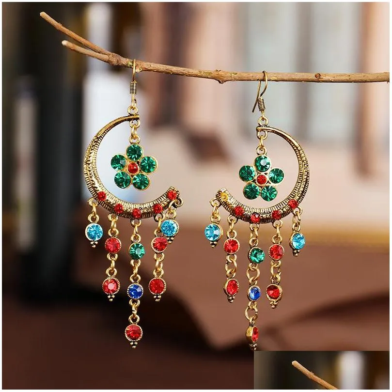 bohemian fashion jewelry vintage earrings womens rhinstone flower dangle tassels earrings