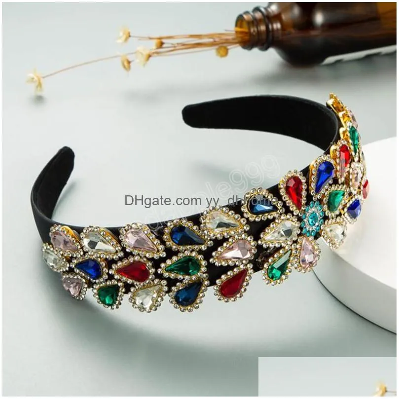 fashion women headbands shining diamond rhinestone headwear flower hair band wide side hair accessories adult