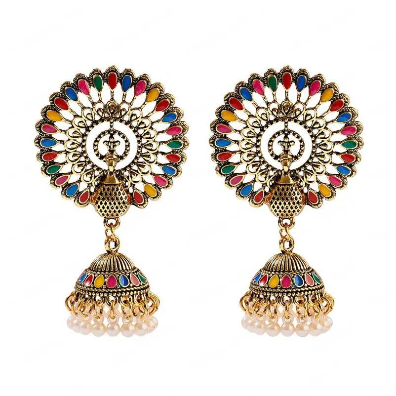 ethnic big round peacock indian antique jhumka dangle earring women vintage bohemian retro pearl tassel bell tibetan earrings