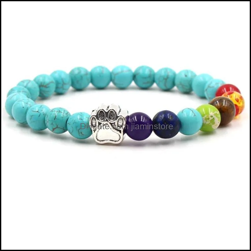 7 chakra natural stone beads bracelet for women men cat dog claw charm tiger eye turquoise healing balance yoga beaded bangle diy