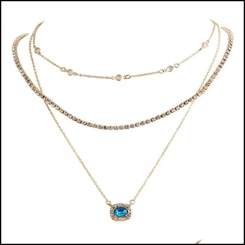 elegant multilayer geometric blue clear crystal pendant choker necklace for women trendy jewelry gift 2019