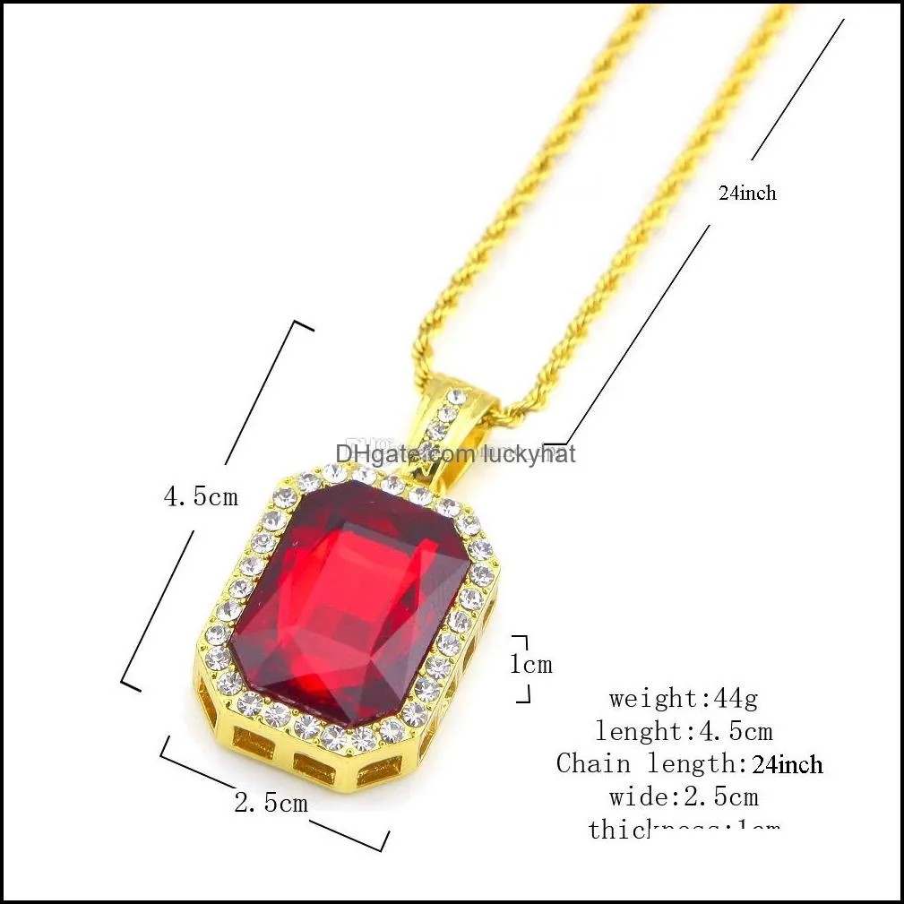 hip hop jewelry square ruby sapphire red blue green black white gems crystal pendant necklace 24 inch gold chain for men fashion