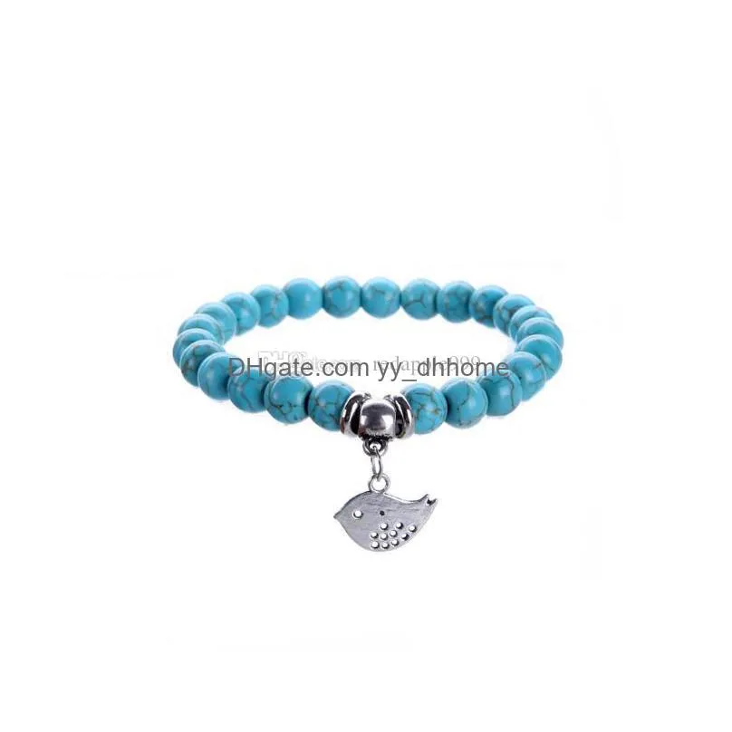 turquoise owl charm bracelet life wisdom tree cross elephant pendant stone power beads handmade stretch bracelet for man and woman