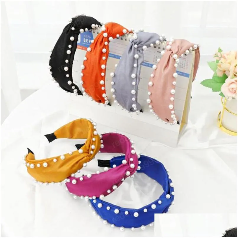 fashion women hair accessories pearls headband center cross knot  color hairband girls