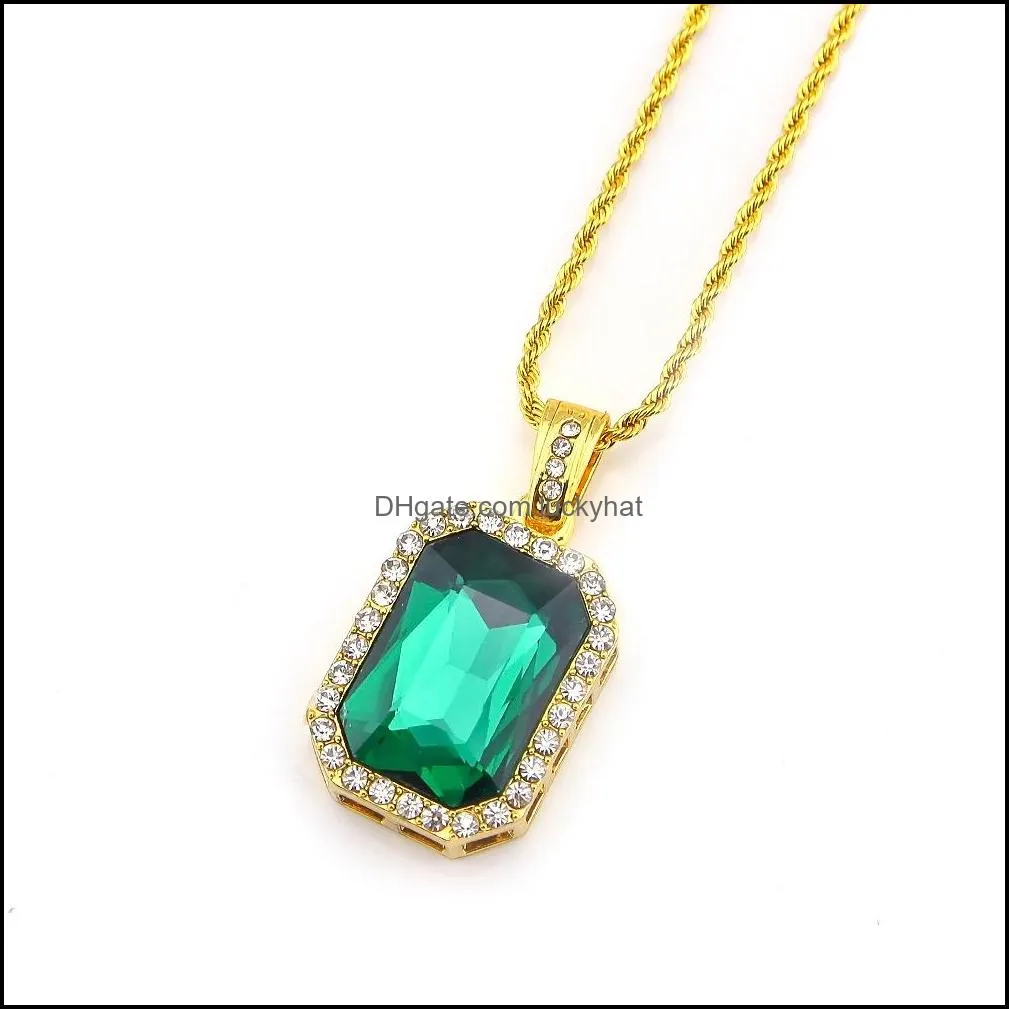 hip hop jewelry square ruby sapphire red blue green black white gems crystal pendant necklace 24 inch gold chain for men fashion