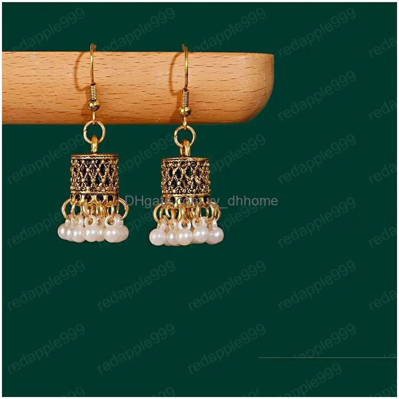 classic gold bell alloy carved indian dangle earrings for women vintage pearl beads tassel dangling earring