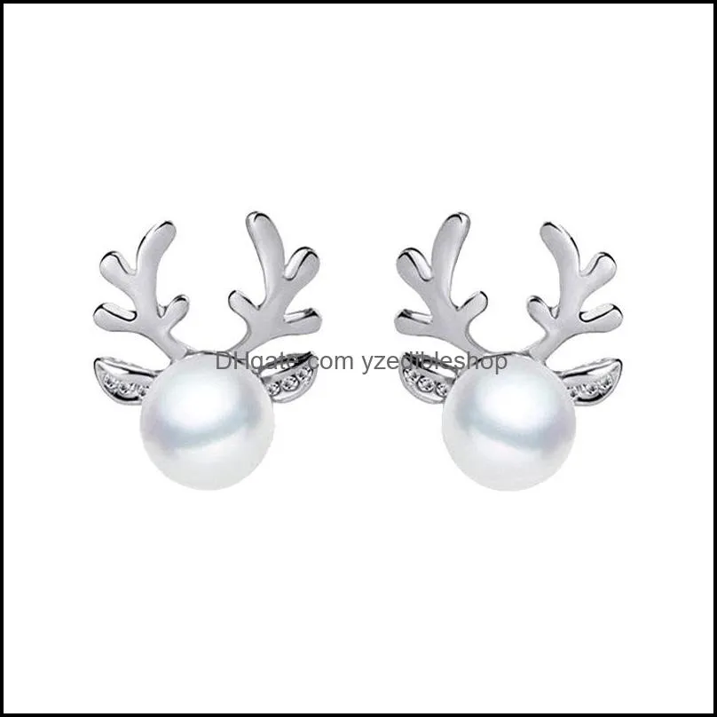 luxury pearl antlers stud earrings christmas reindeer elk animal rhinestone crystal silver earrings for women girls fashion jewelry