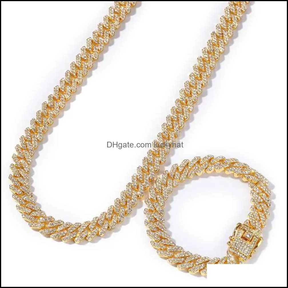 statement necklace 12mm  cuban link chain necklace bracelets set for men bling hip hop iced out diamond gold silver rapper chains wome luckyhatewelry