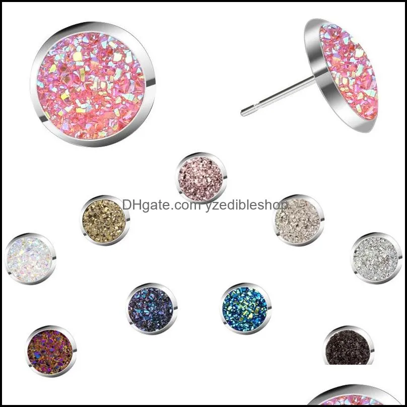 bulk stainless steel shiny druzy stud earrings round natural stone earrings for women fashion jewelry gift