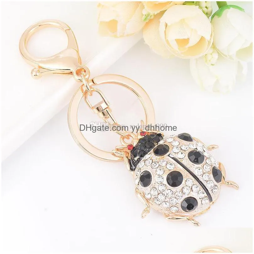 cute ladybird keychain crystal metal keychain rose gold plated keyring car keychains purse charms handbag pendant gift