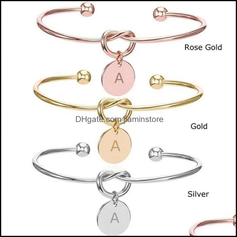 personalized initial letter charm cuff bracelets for women gold silver rose gold 26 alphabet tie knot open bangle fashion jewelry