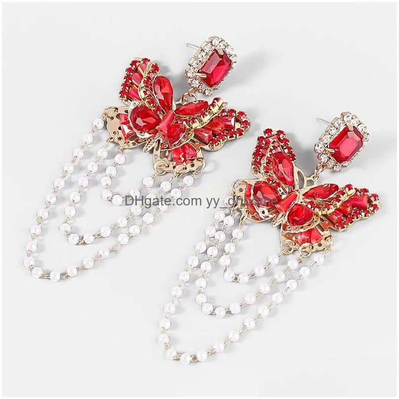 fashion rhinestone imitation pearl butterfly earrings party dangle earrings womens elegant jewelry