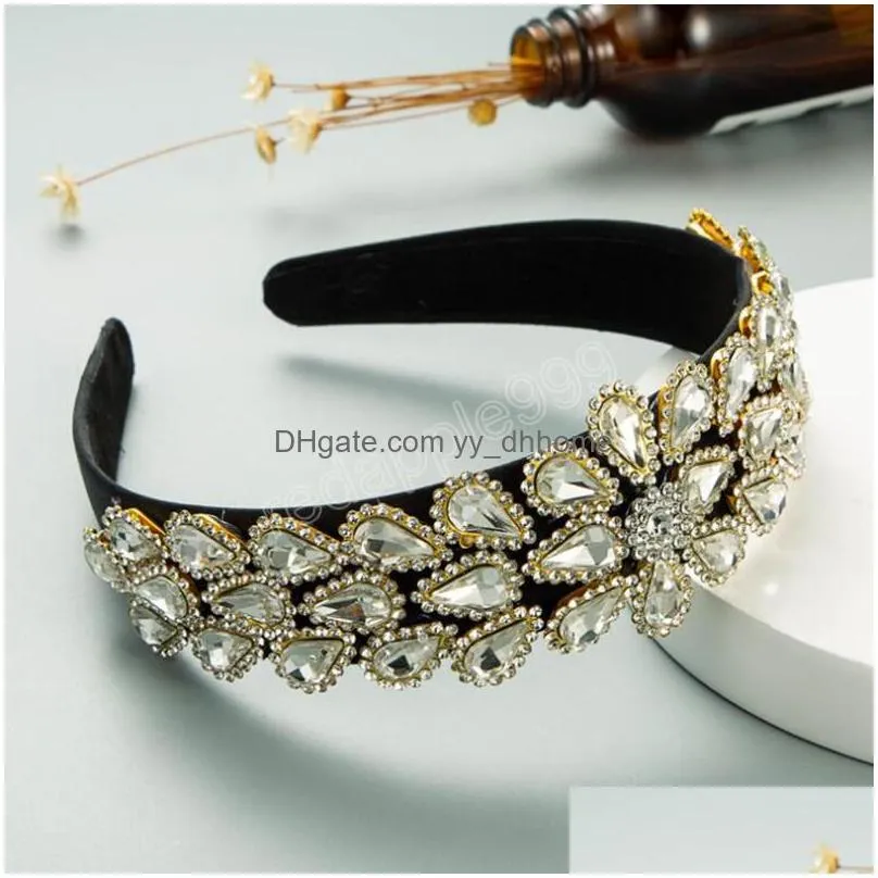 fashion women headbands shining diamond rhinestone headwear flower hair band wide side hair accessories adult