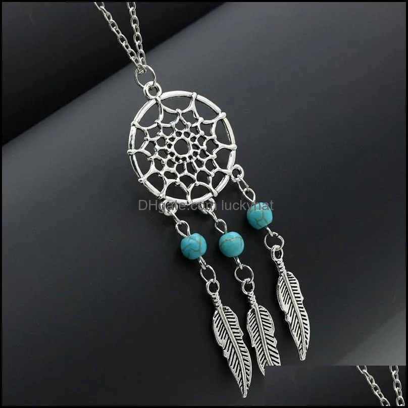  dream catchers choker necklaces vintage silver wings feather leaf turquoise pendant adjustable necklace for women s fashion