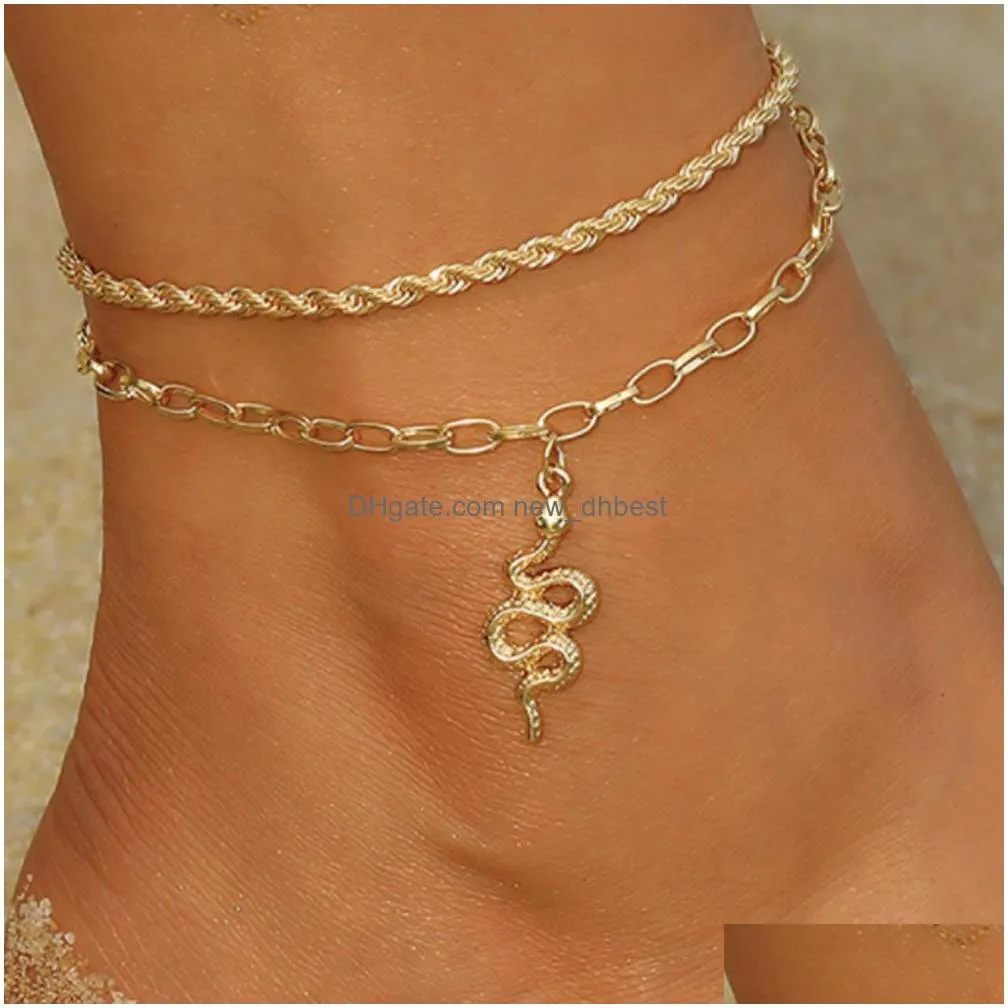 fashion jewelry snake pendant anklet vintage double layer chain beach anklets set