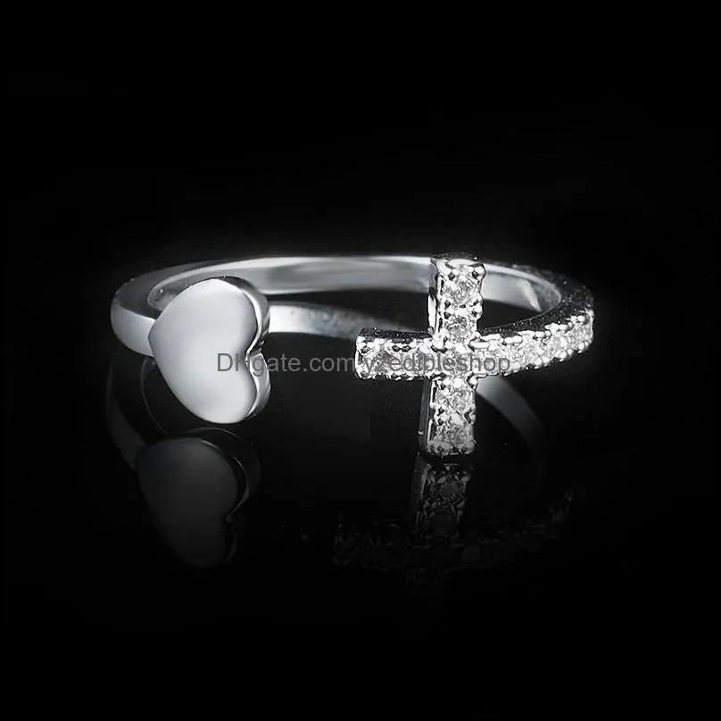 silver cross heart rings channel setting rhinestone irregular adjustable love shaped opening rings costume jewelry for women