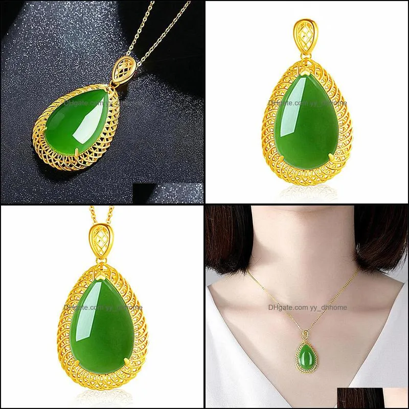 jade necklace natural hetian jade green oval pendant necklace retro unique gold craft charm womens silver jewelry jasper nec yydhhome