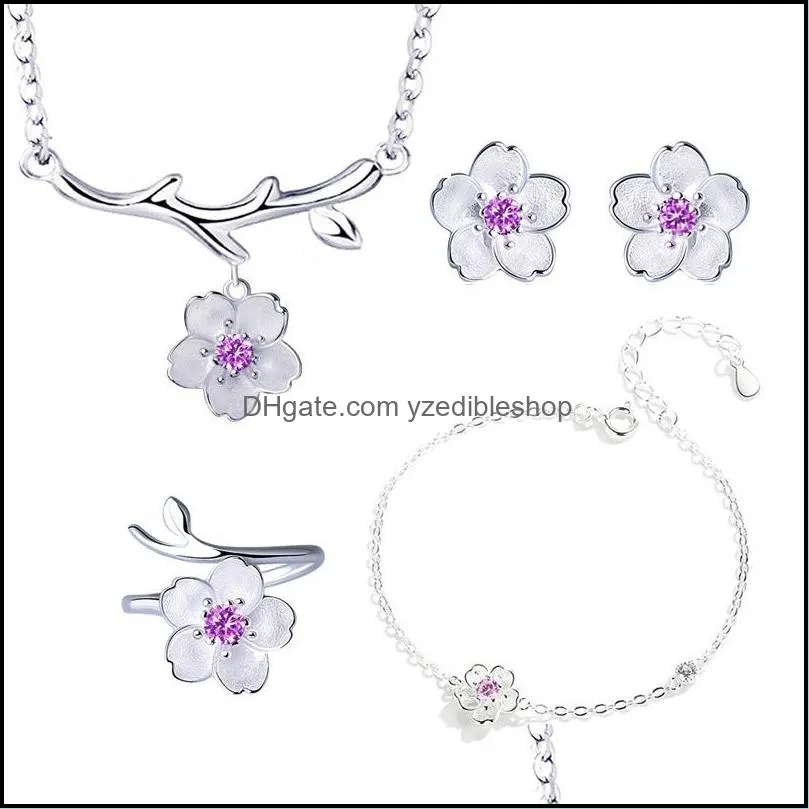 fashion romantic silver color cherry blossoms flower jewelry sets pendant cute bridal wedding gift
