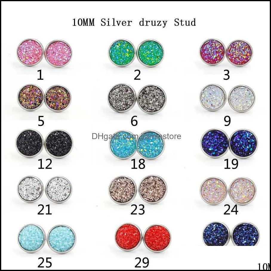 bulk women druzy stud earrings round and heart shape resin stone drop stainless steel hypoallergenic earrings for female fashion