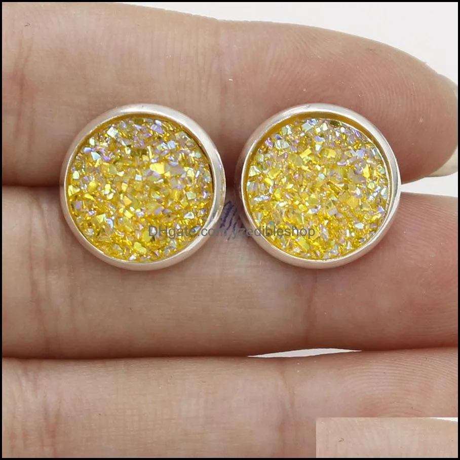  12mm round druzy stone stud earrings bling drusy resin silver earrings for women ladies fashion handmade jewelry in bulk