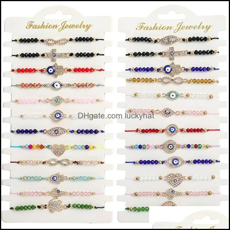 12pcs/set blue evil eye bracelets for women crystal tree hand cross heart turtle charm beads rope string chain adjustable bangle fashion jewelry