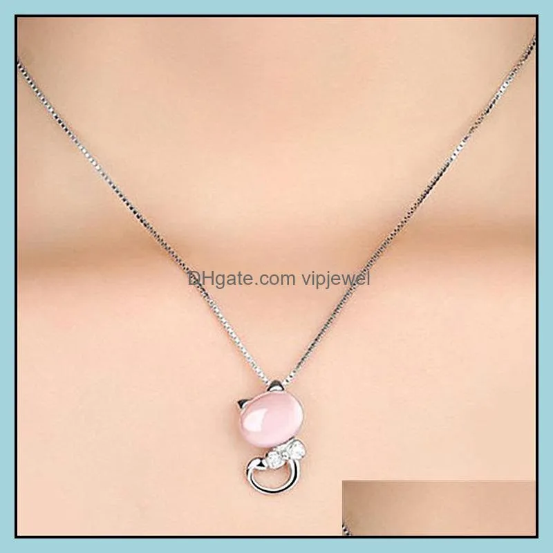 rose gold chains necklaces cute ross quartz pink opal necklace for women jewelry girls children gift cat pendant necklace vipjewel