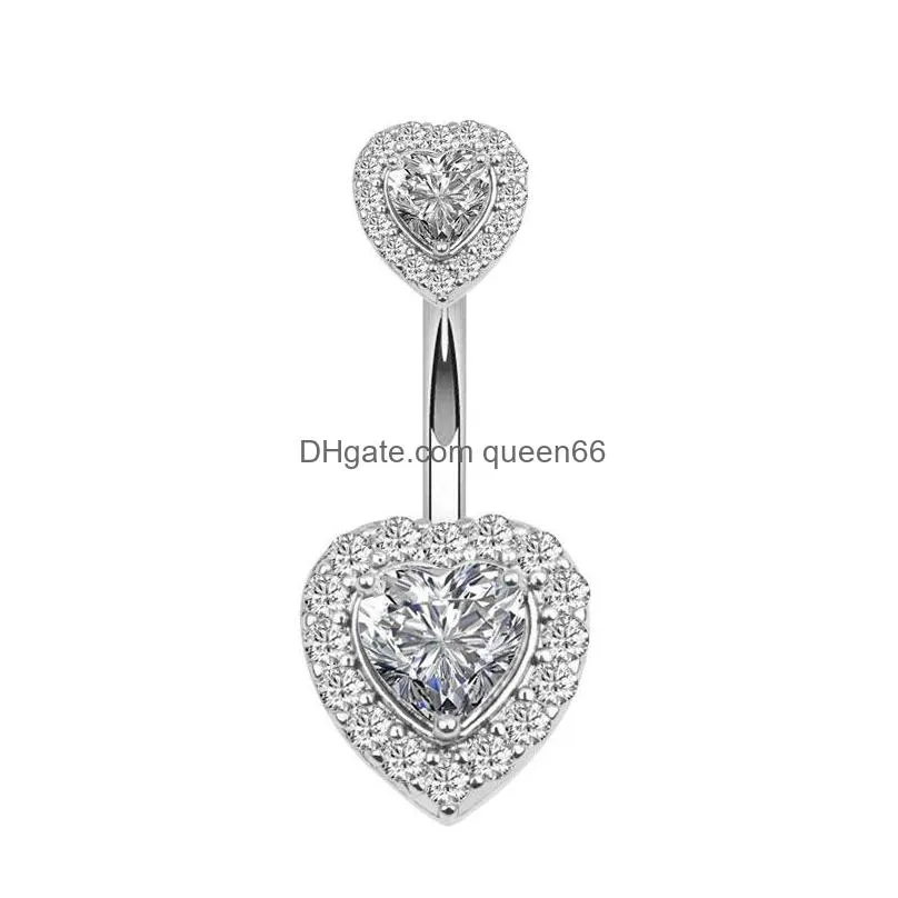 body jewelry single piece stainless steel navel belly button ring diamond zircon double heart rose gold sexy women girl pierce