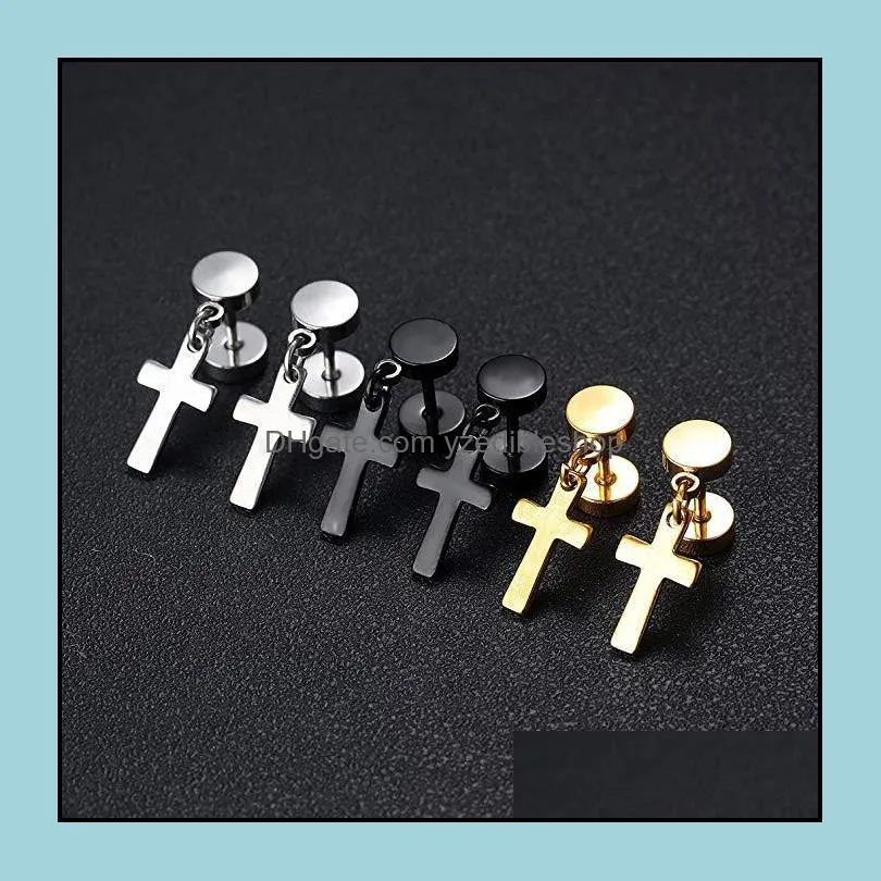 titanium steel dumbbell cross design stud earrings for men women punk crucifix double sided screwback hypoallergenic dangle earring