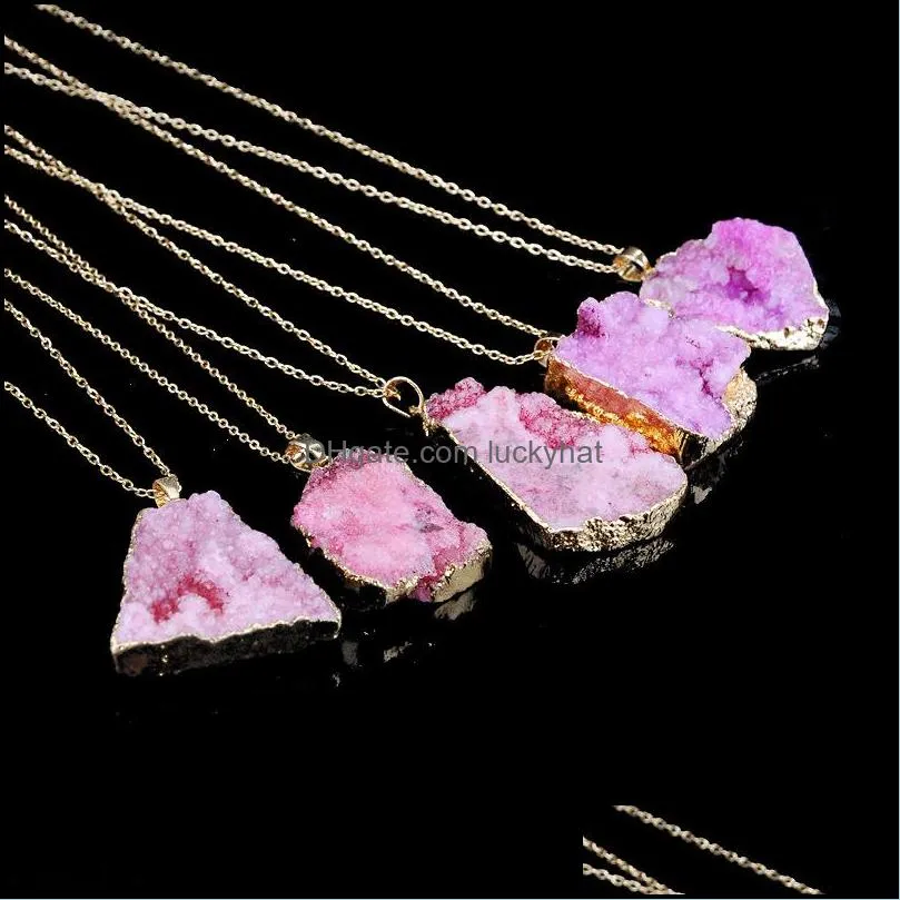 fashion natural crystal quartz stone necklaces geometric druzy healing gemstone pendant gold chain necklace for ladies modish jewelry