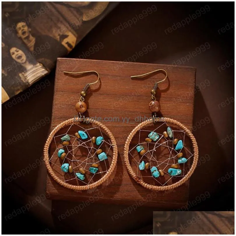 ethnic round dreamcatcher stone dangle earrings for women summer brown silk drop earring oorbellen