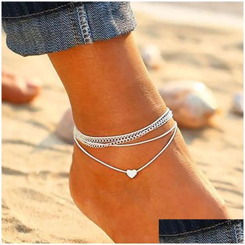 925 silver beach anklets bracelet womens multi layer love heart anklet summer holiday foot chain jewelry set